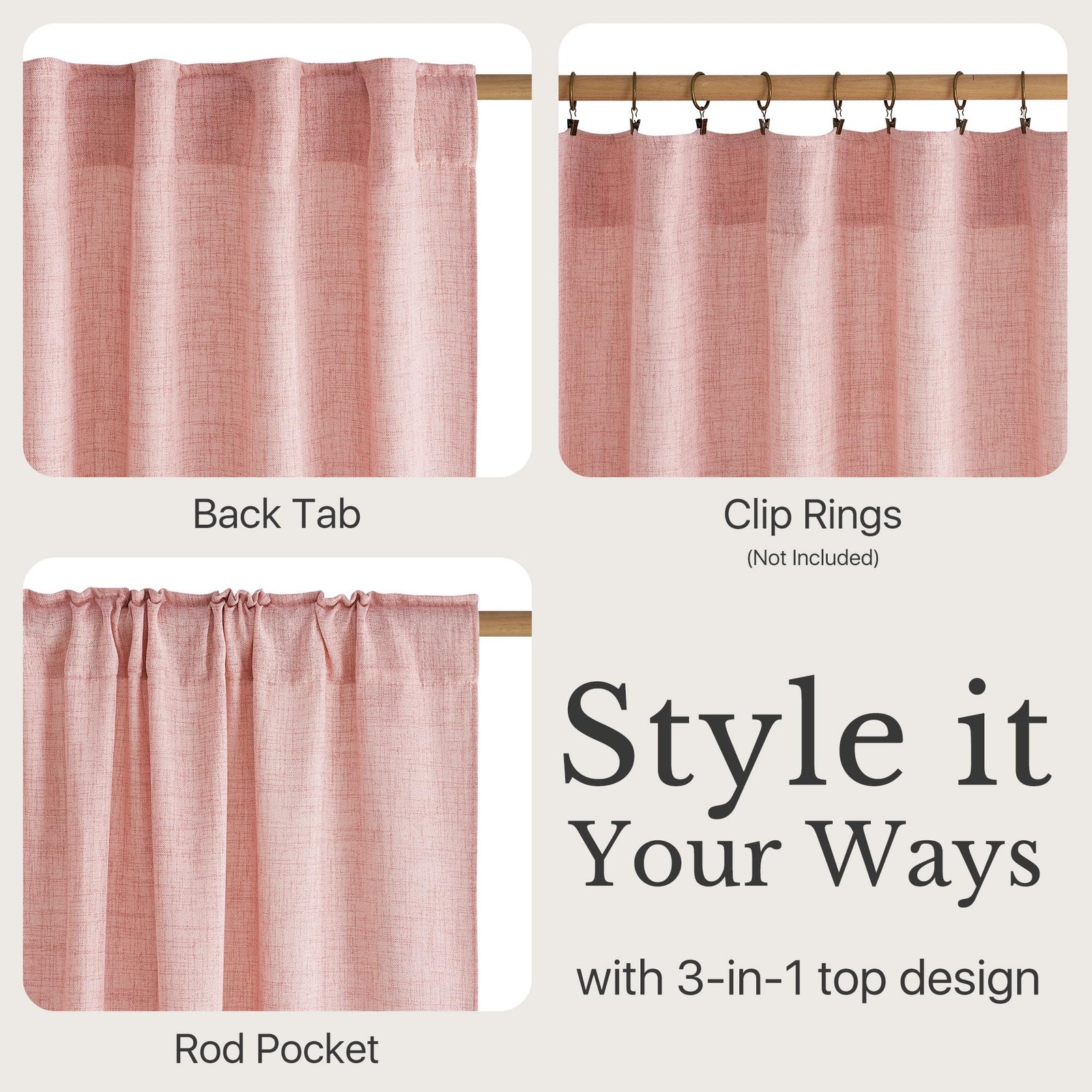 Semi Sheer Pink Curtains for Girls Room 96 inches Long, Rod Pocket & Back Tab…