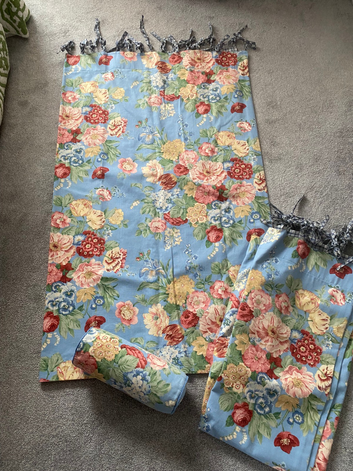 Stunning PAIR of Custom Drapes Curtains Bold Floral on Sky Blue – 64″ & Pillow