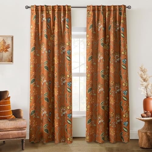 Burnt Orange Boho Blackout Curtains 84″ Floral Pattern