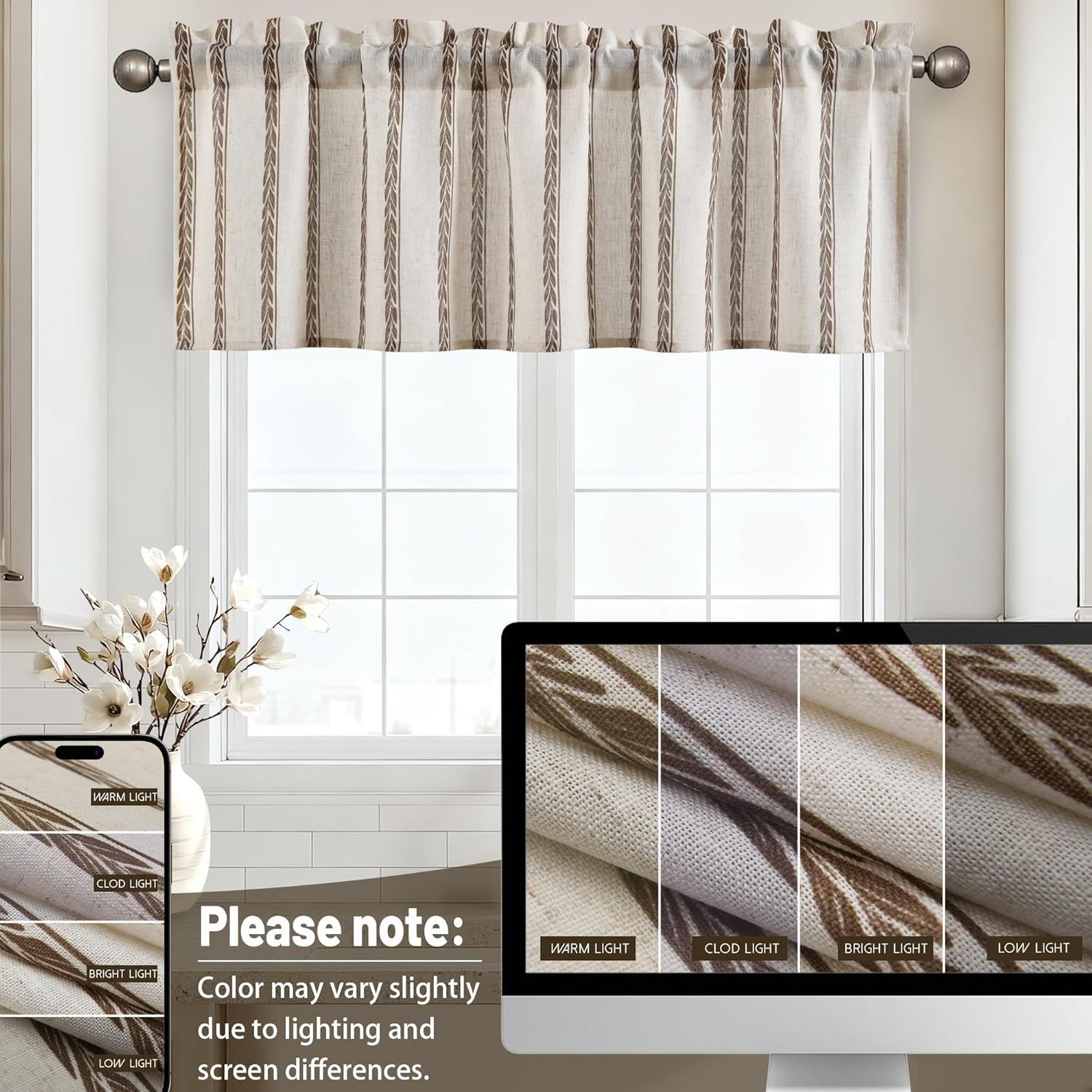 52X18 Inch Kitchen Valance – Thick Textured Linen Striped Window Valance Curtain