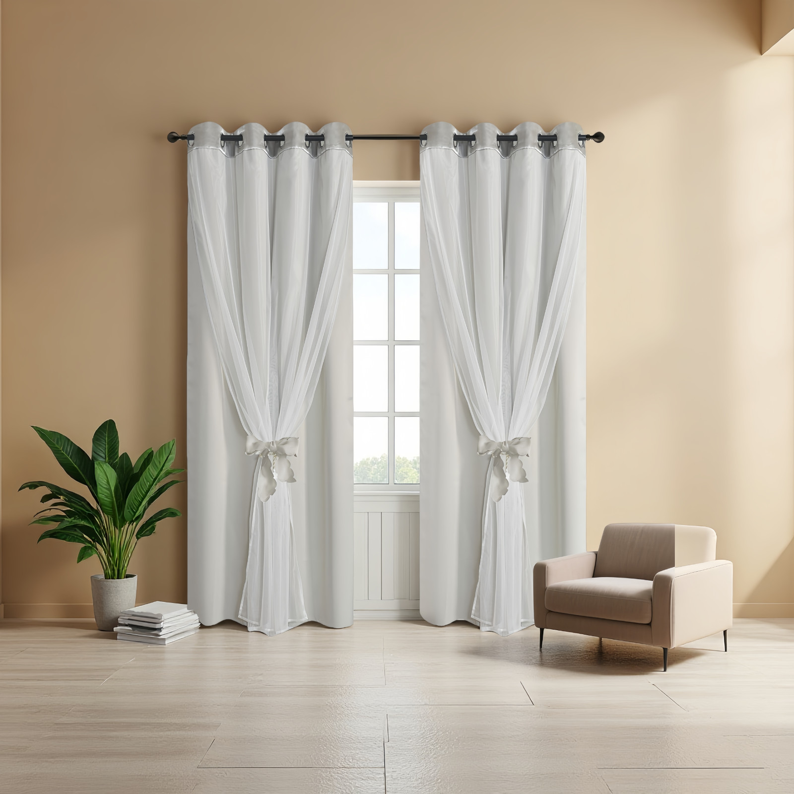 2 Panels Double Layered Curtains with White Sheer Tulle, Grommet Drapes