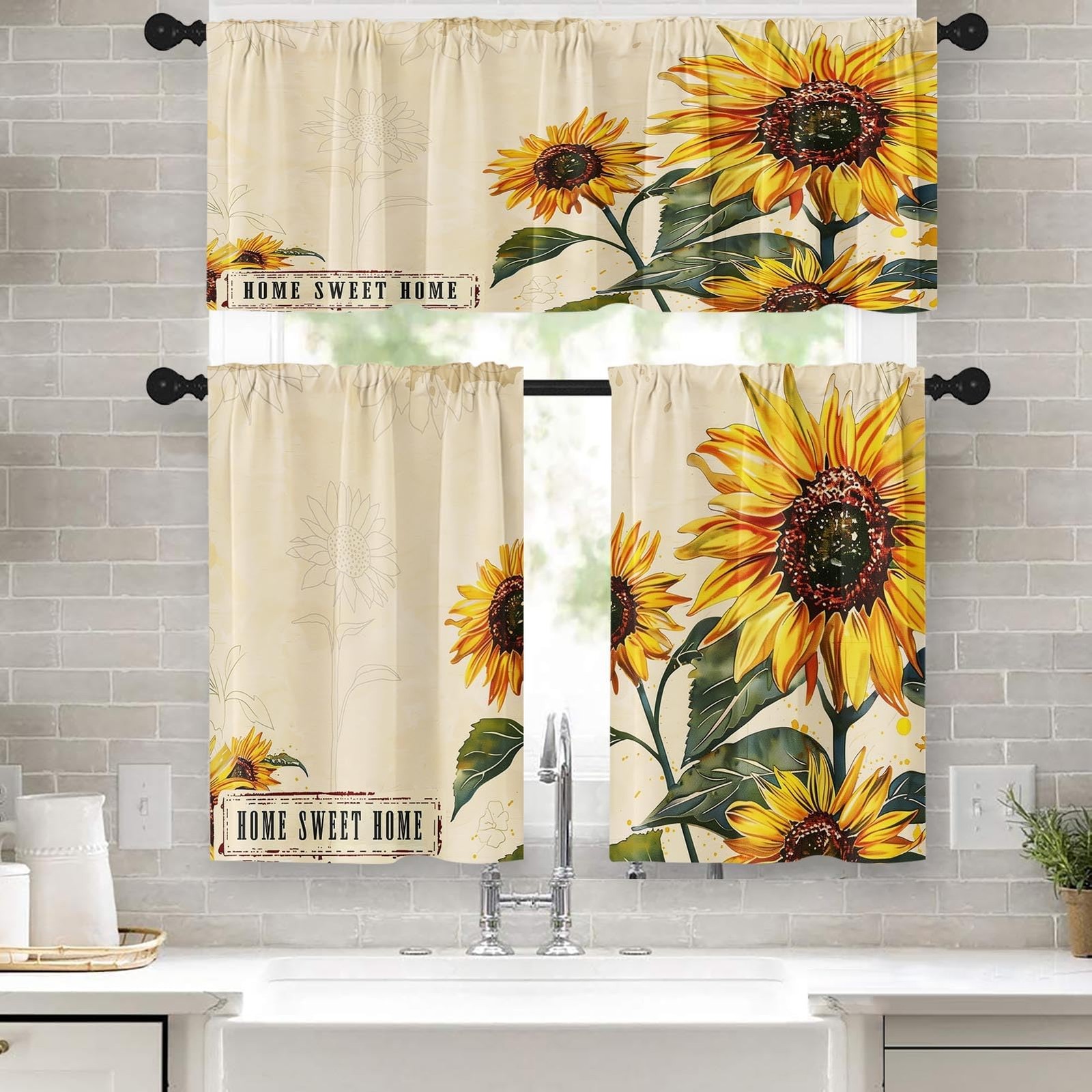 Farmhouse Sunflowers Kitchen Window Curtains Valance and Tier Set 36 Inch, Su…