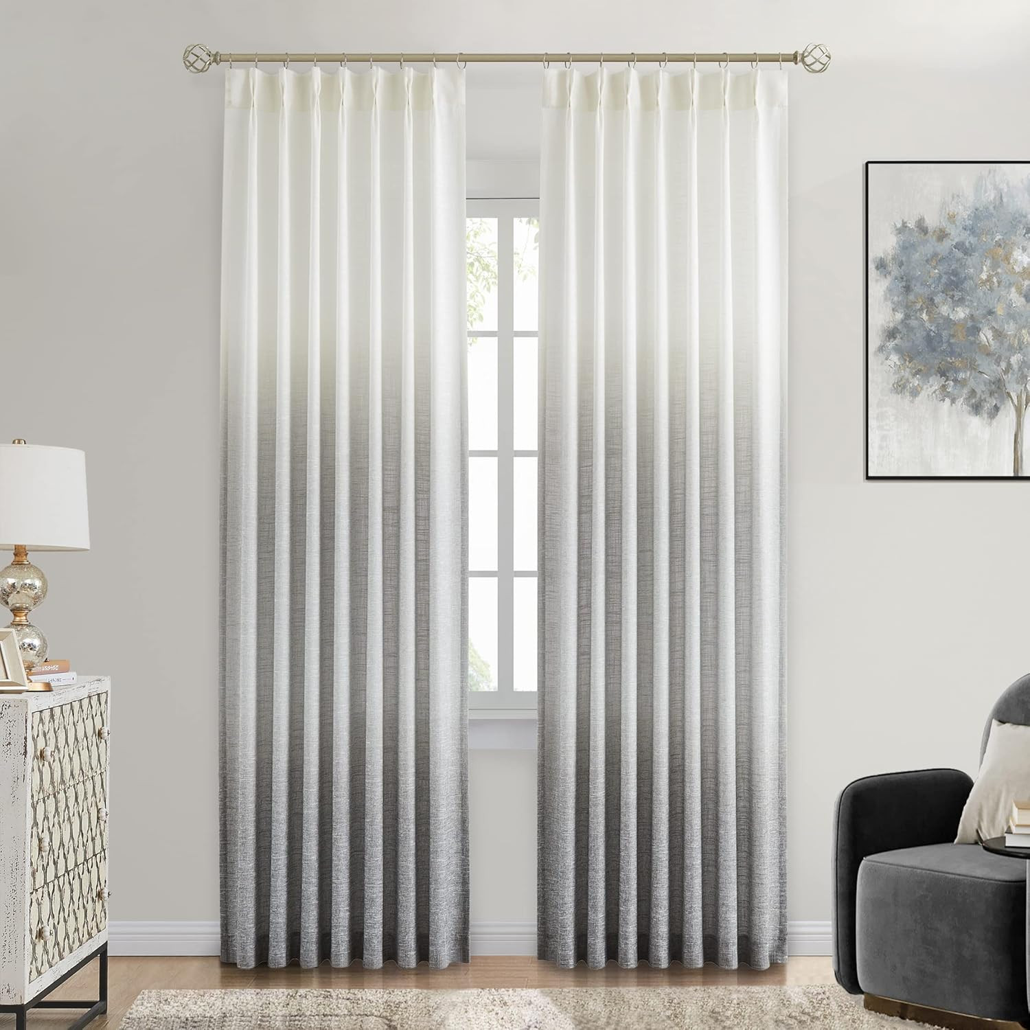 Ombre Pinch Pleated Semi Sheer Curtains Rayon Blend Window Drape Gradient Print