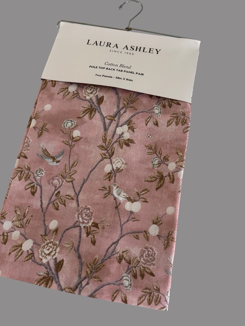 NIP Laura Ashley Window Curtains 2 Panels 38 x 84 Birds Rose Pink Brown Back Tab