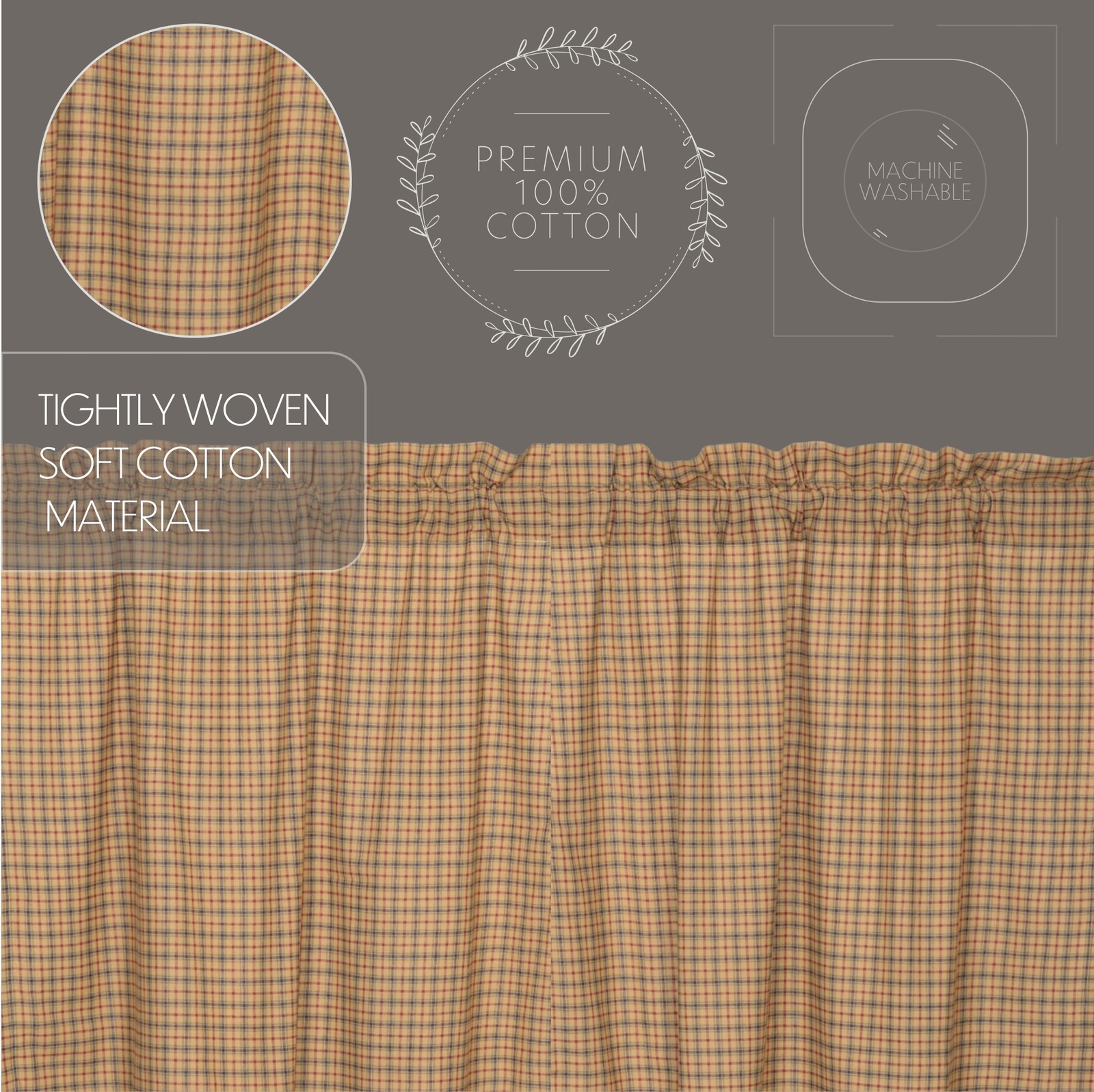 Rustic 24″x36″ Tier Pair Tan Rod Pocket Plaid Kitchen Window Curtains VHC Brands