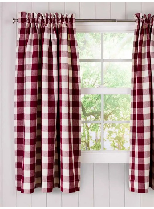 Plaid curtain panel checked red white 63″L x 45″W farmhouse rod pocket 1 Piece