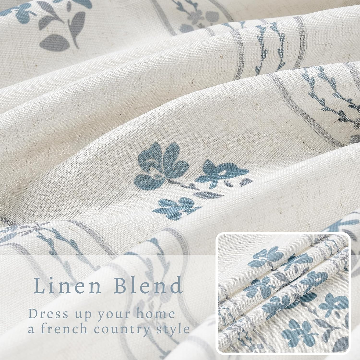 Blue Grey Pinch Pleated Floral Curtains 96 Inches Long for Living Dining Room Pi