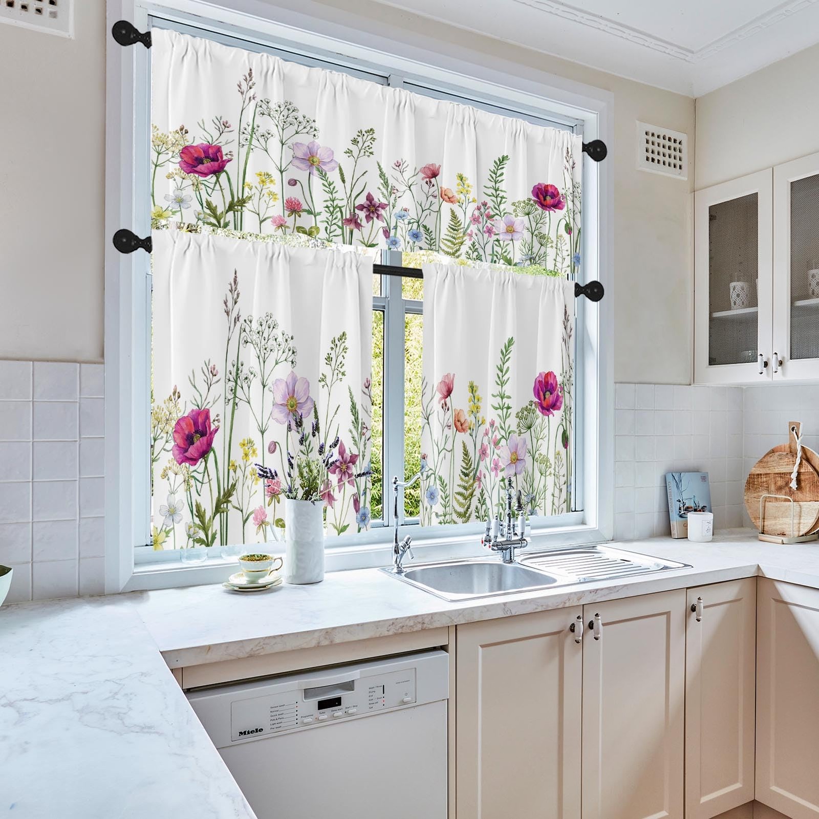 Spring Flower Kitchen Window Curtains Valance and Tier Set 36 Inch, Pink and …