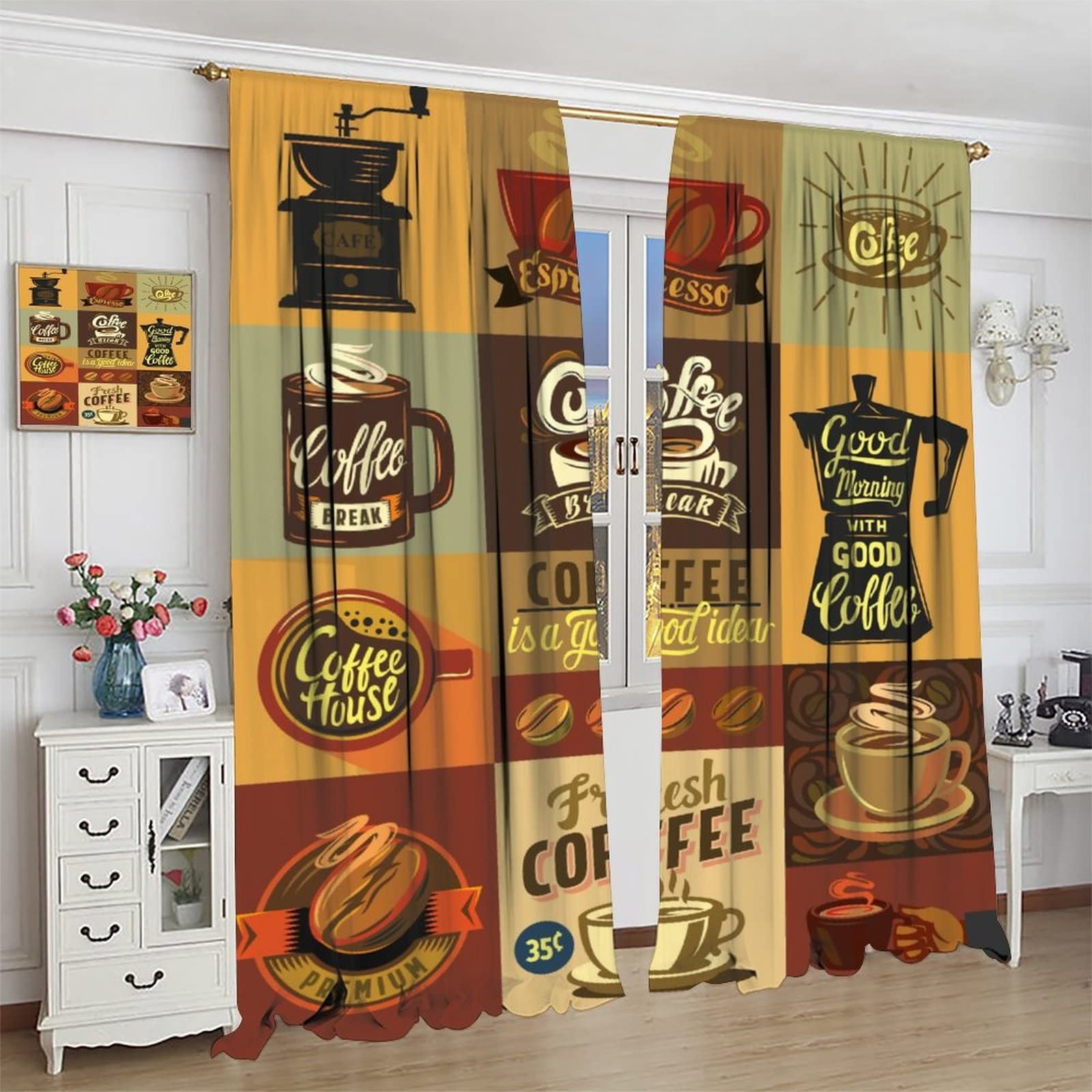 Vintage Coffee Theme Kitchen Cafe Curtains – 2 Panels, 42 x 45 Inch, Room Dar…