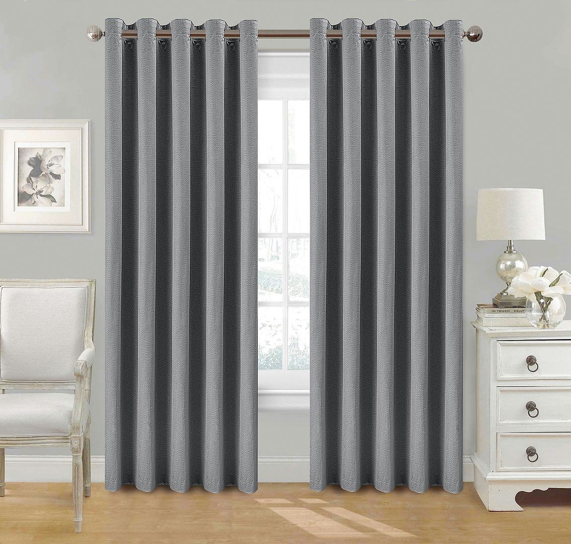 EYELET Charcoal Ring Top Linen BLACKOUT LINED Curtains with Tie Backs