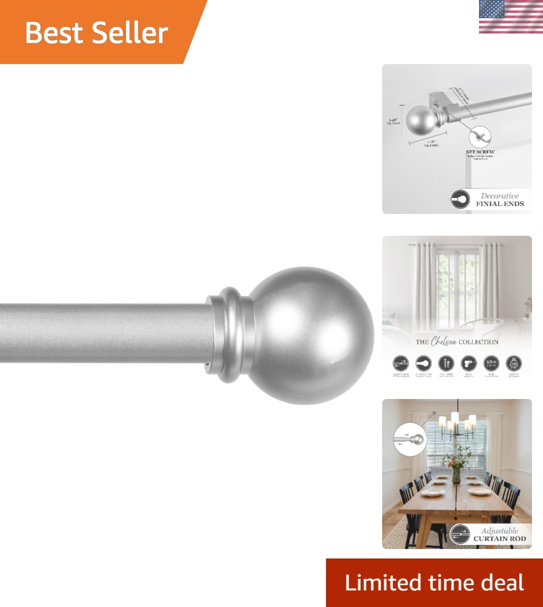 Chelsea Adjustable Curtain Rod 28-48 Inches in Elegant Brushed Nickel Finish