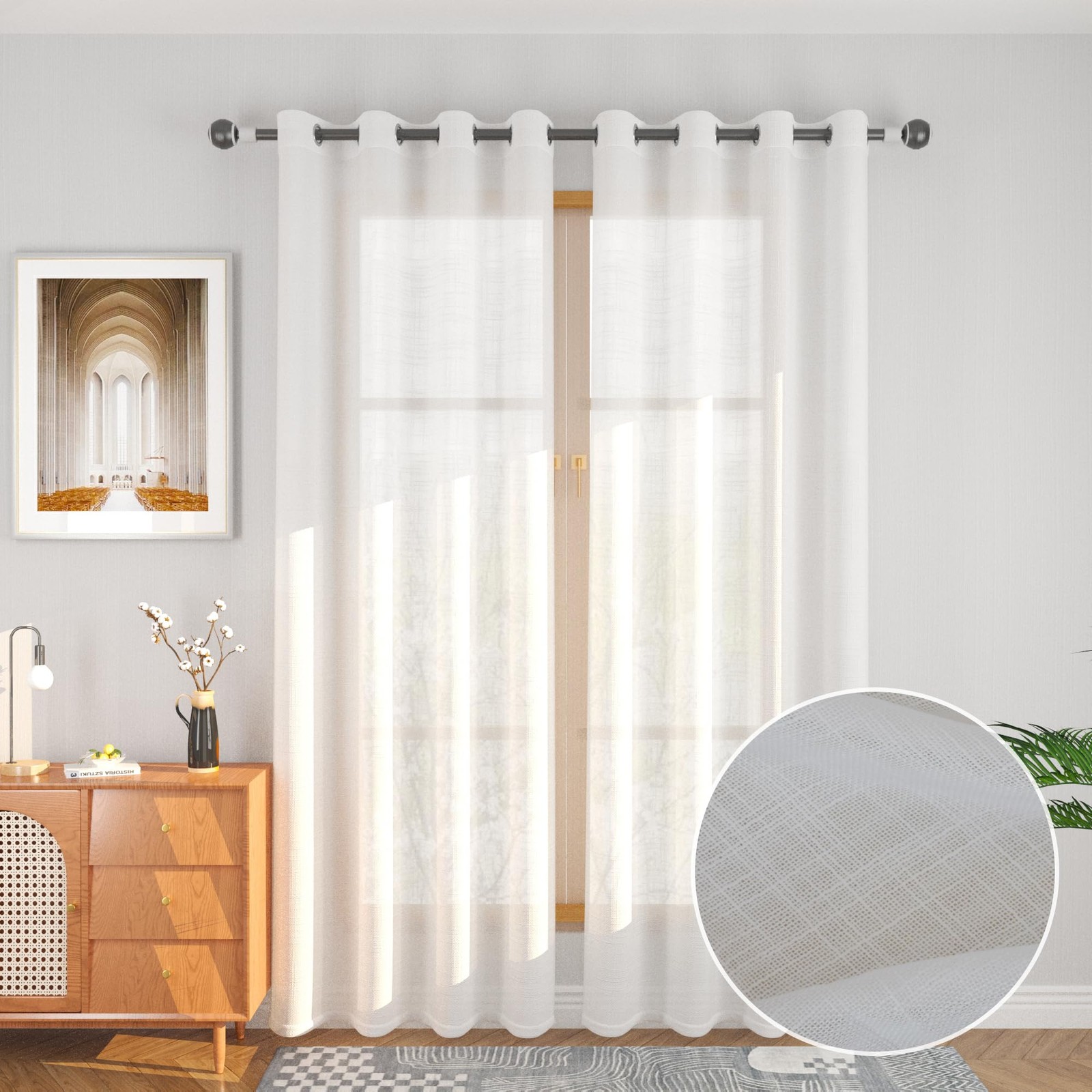 White Sheer Linen Textured Curtains 52×80 inches 2 Panels Grommet Top 80 in