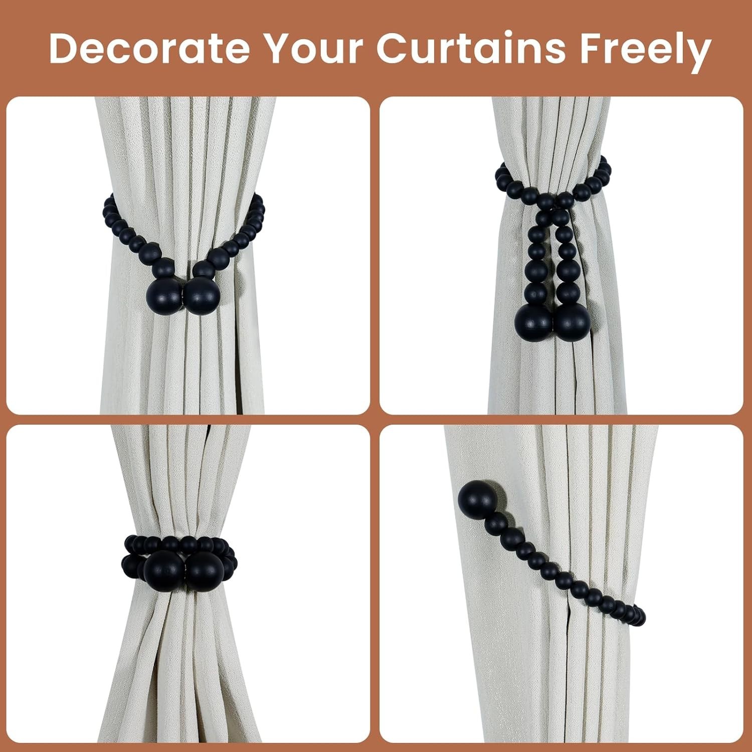 Versatile Magnetic Curtain Holdbacks – Black Wood Bead 2 Pack for Any Room Style