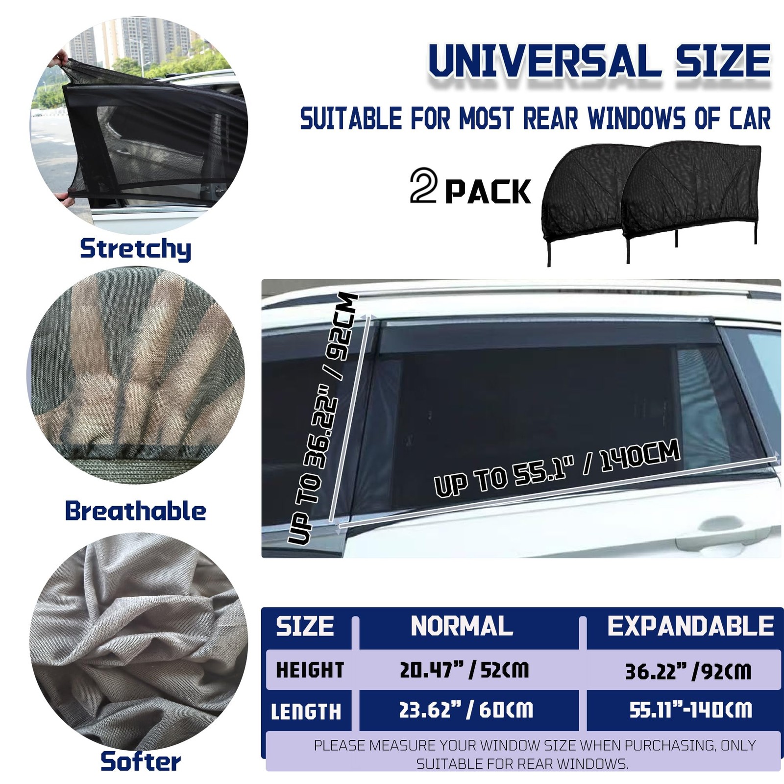 Car Rear Window Screens for Side Windows, 2 Pack Black