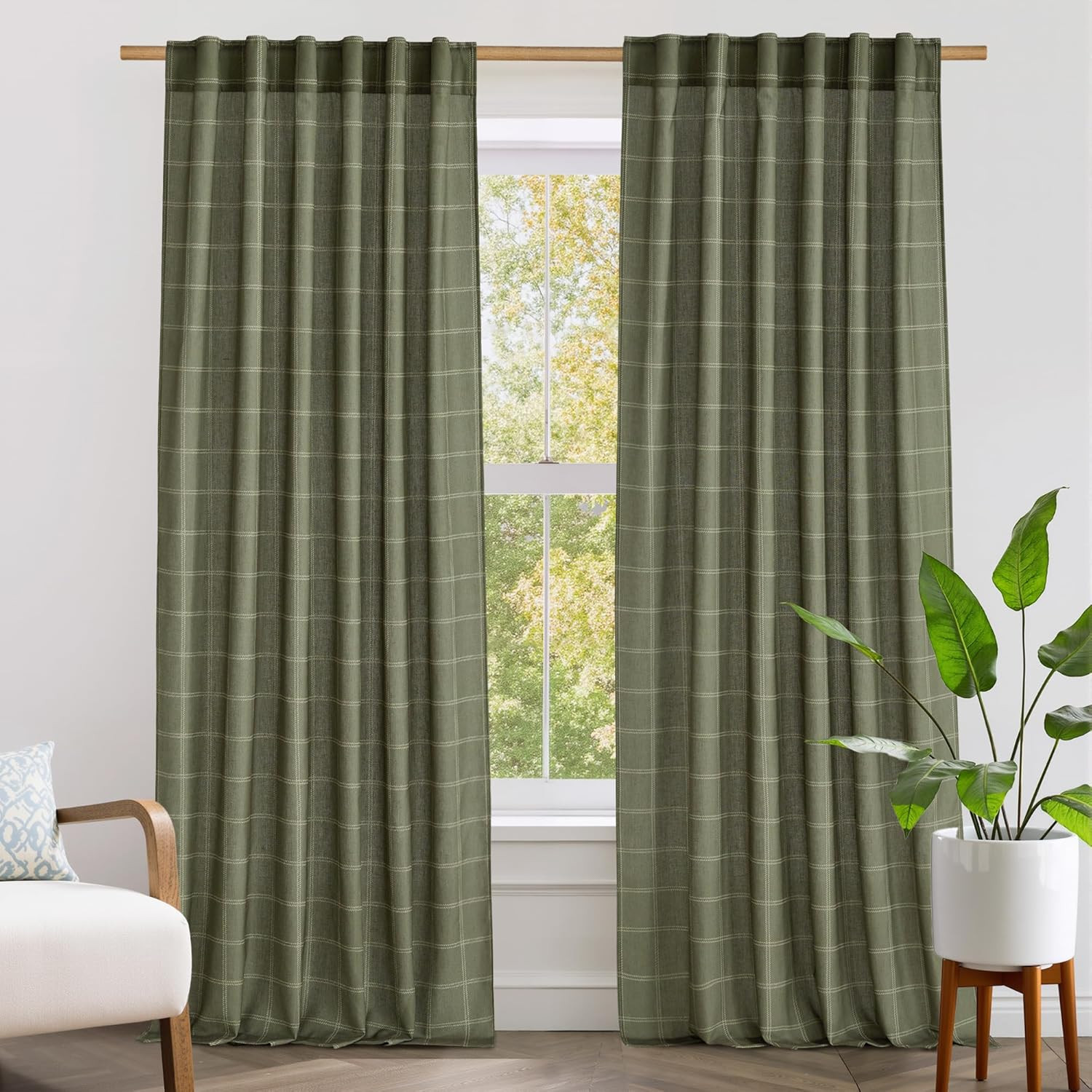 2 Panels 52 X 84 Inch Long Linen Plaid Curtains Modern Window Panels Moss Green