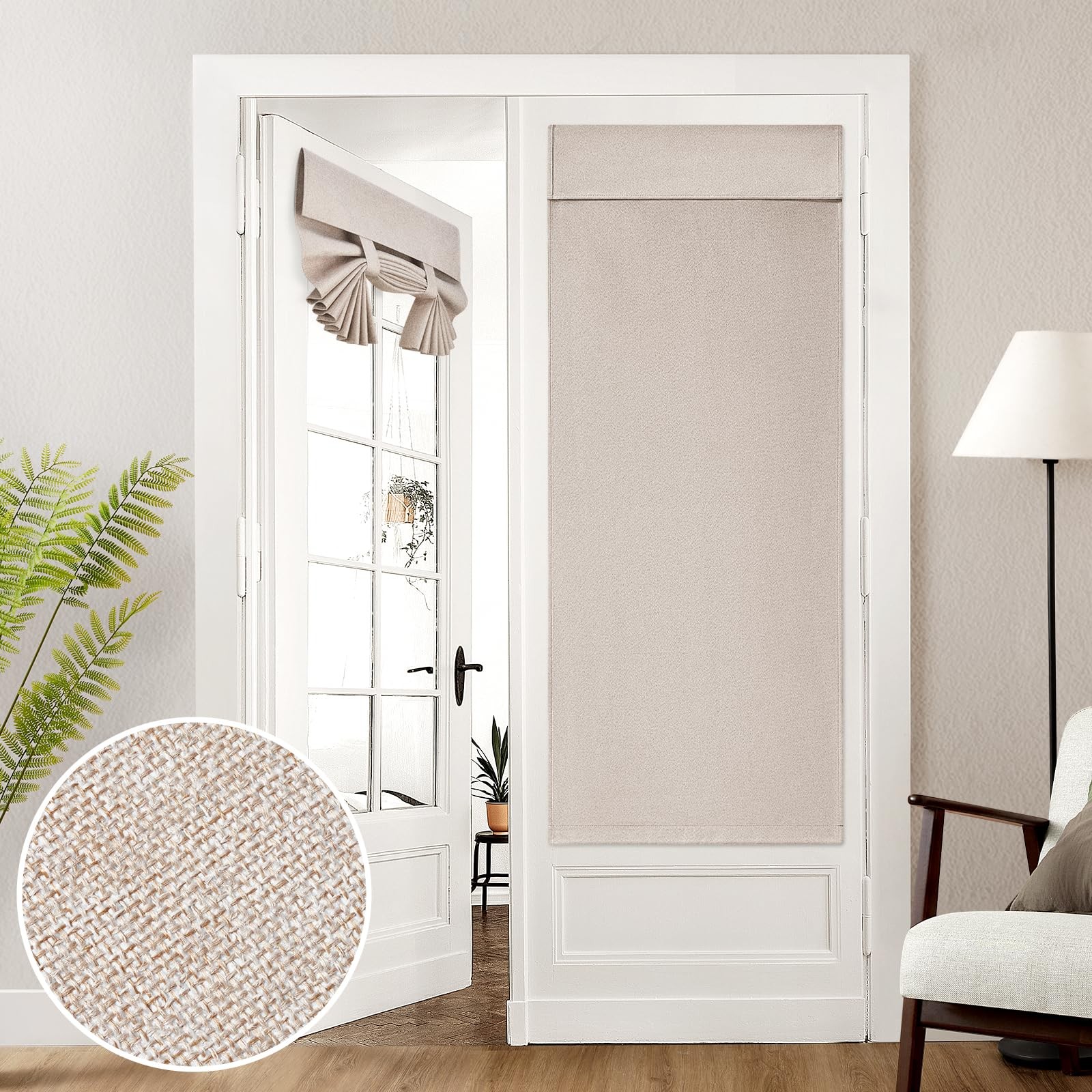 100% Linen Blackout French Door Curtains 26 X 68 Inch Natural Room Darkening