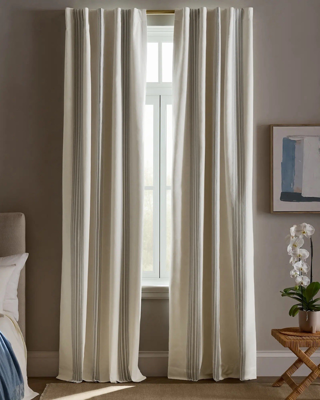 NWOT QUINCE Coastal Stripe Linen Cotton Room Dark Curtain Panel FOG IVORY 108”