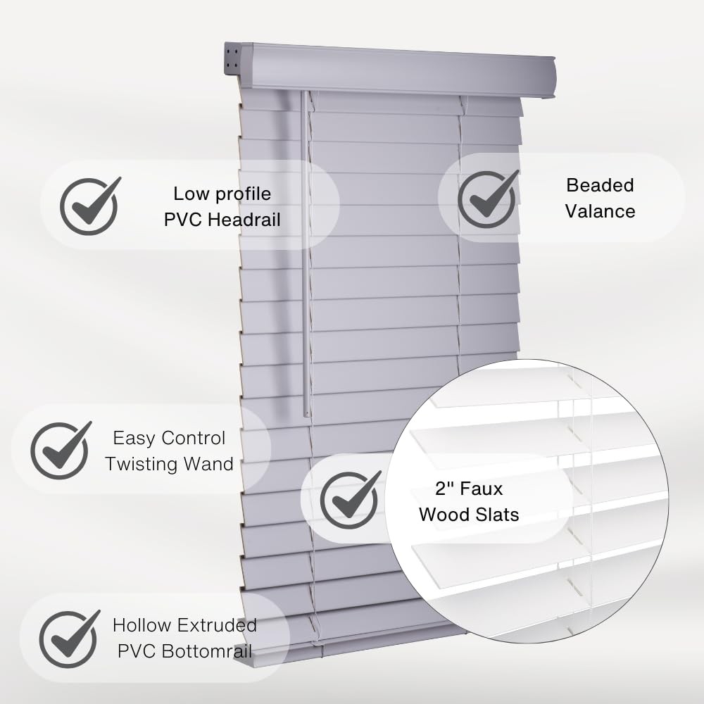Cordless Faux Wood Blinds, 27″ Wide x 24″ Long,Smooth,Light Gray, 2 Inch Hori…