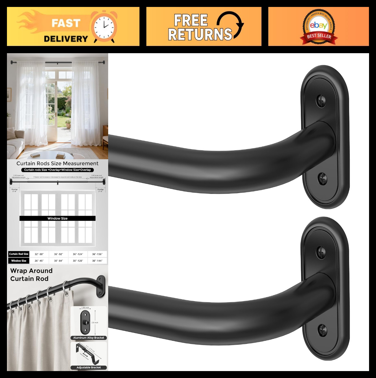 2 Pack Heavy Duty Blackout Curtain Rods 28-48 Inch, Adjustable Wrap Around Rods