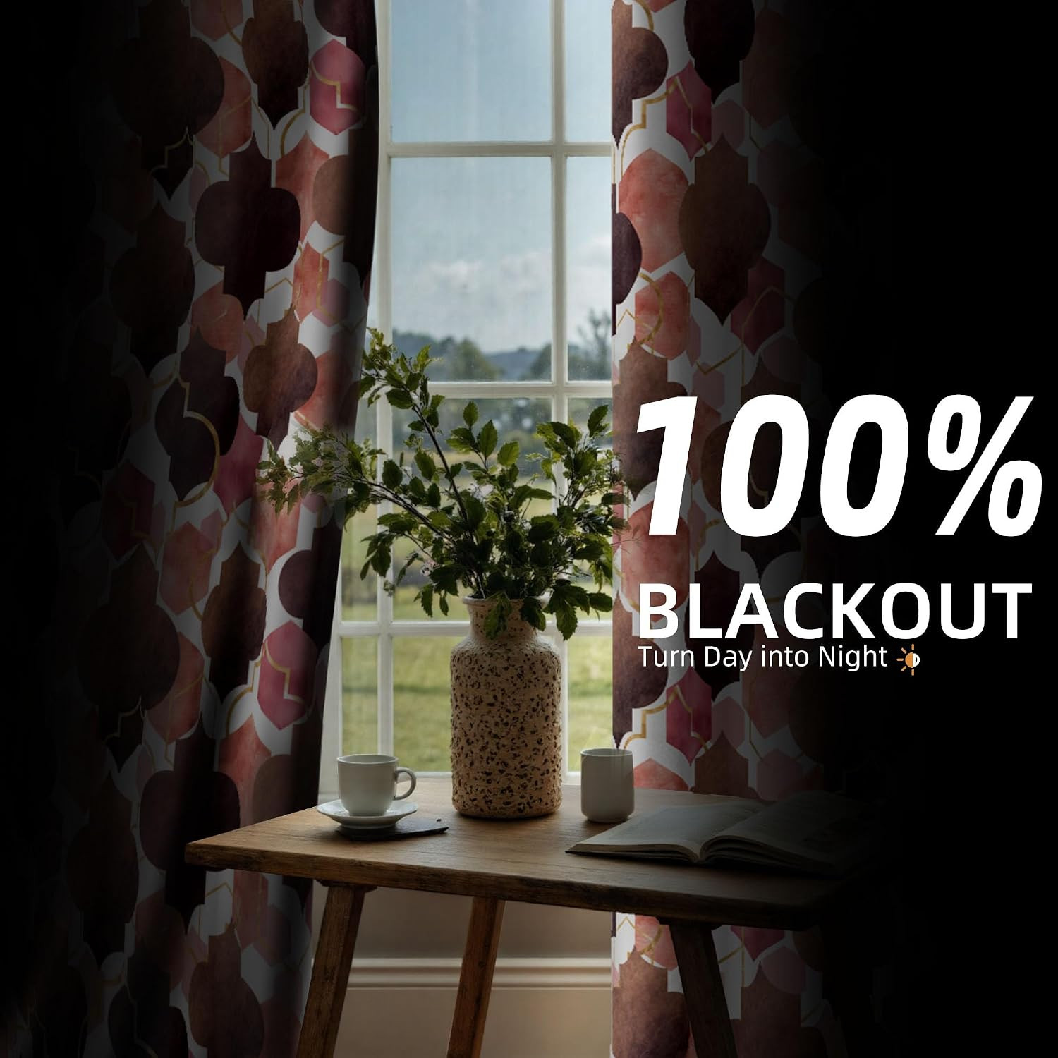 Moroccan 100% Blackout Curtains for Bedroom Brown Red Abstract Geometric Black O