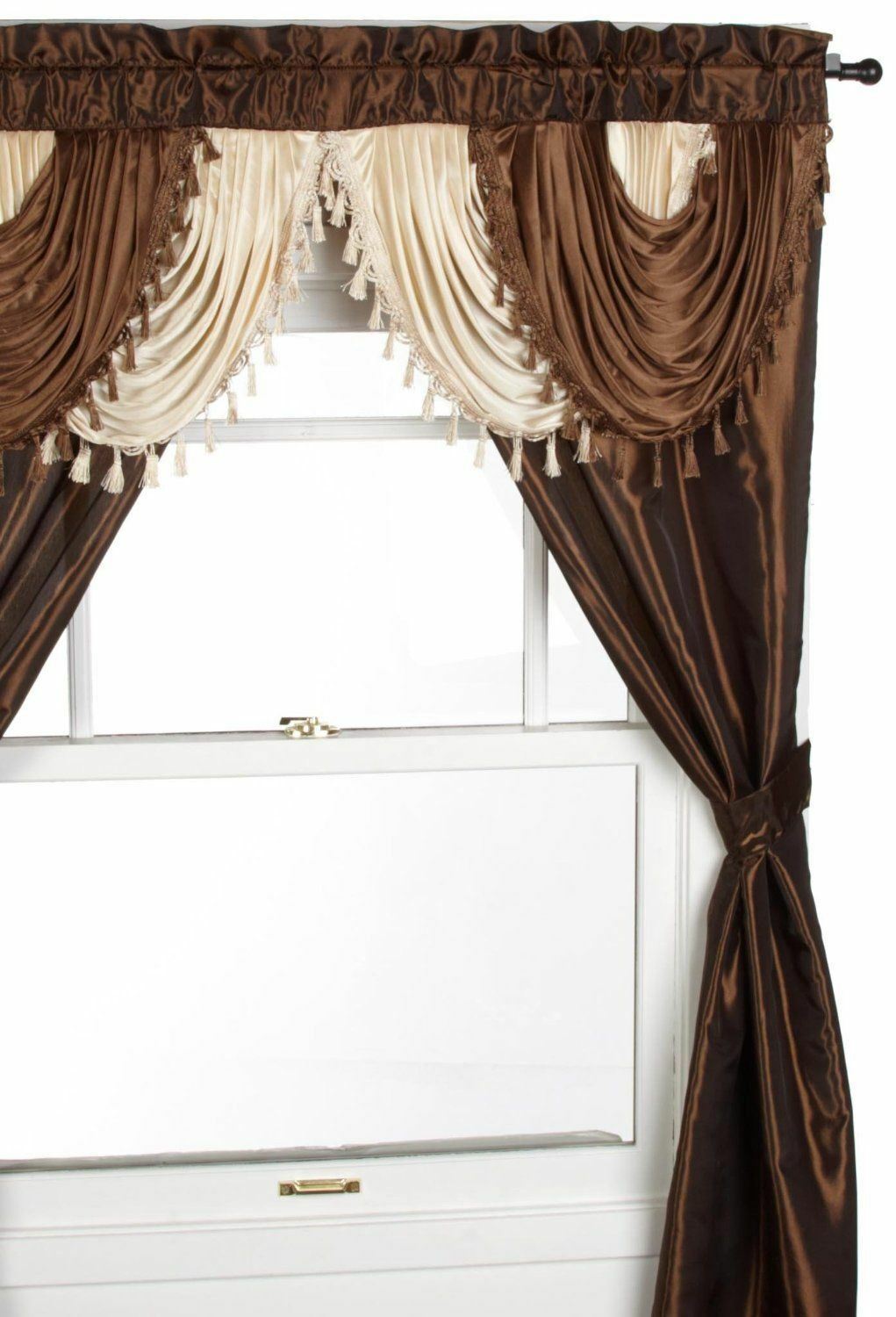 Solid Brown Taffeta 5 pc Window Curtains Panels Drapes Valance Set 84 inch Long