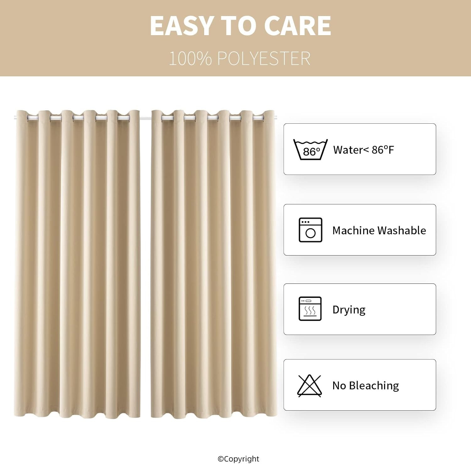 Beige Waterproof Outdoor Curtains – Sunlight Blocking Grommet Drapes (2 Panels)