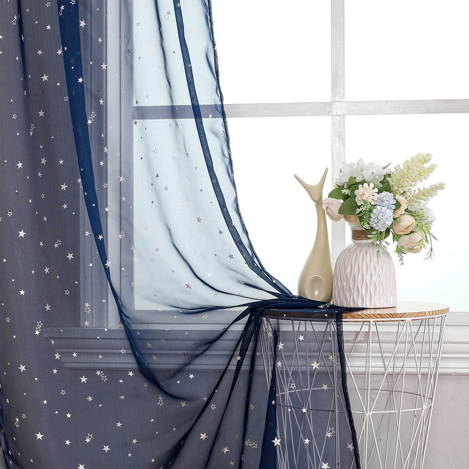 WUBODTI Navy Blue Star Sheer Curtains for Kids Room Nursery 63 Inch Length，Sp…