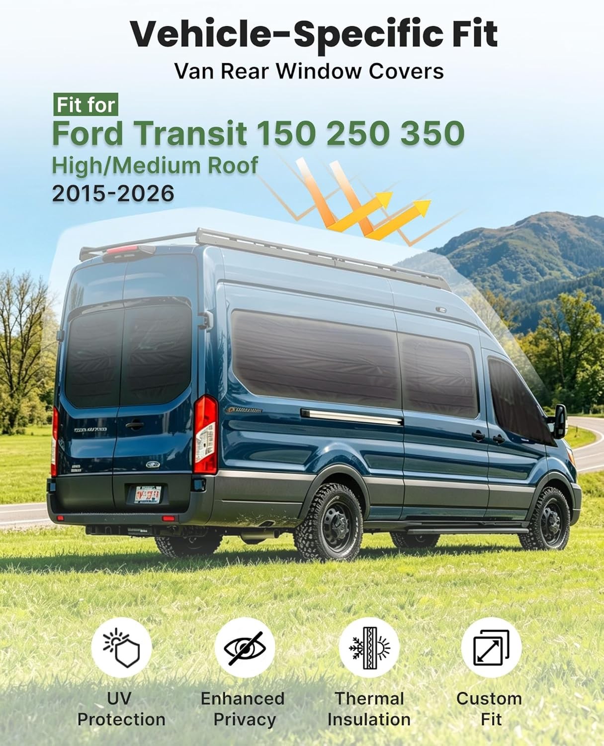 Magnetic Blackout Rear Window Covers Shades For 15-26 Ford Transit Mid/High Roof