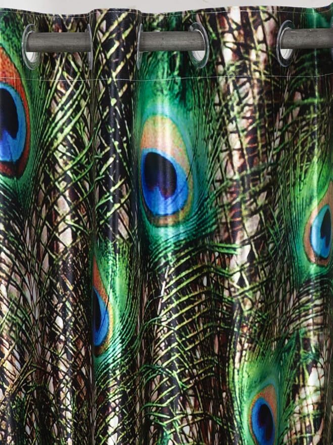 2 Pieces Premium Mor Pankh Digital Print Eyelet Polyester Curtains 5 7 9 Feet