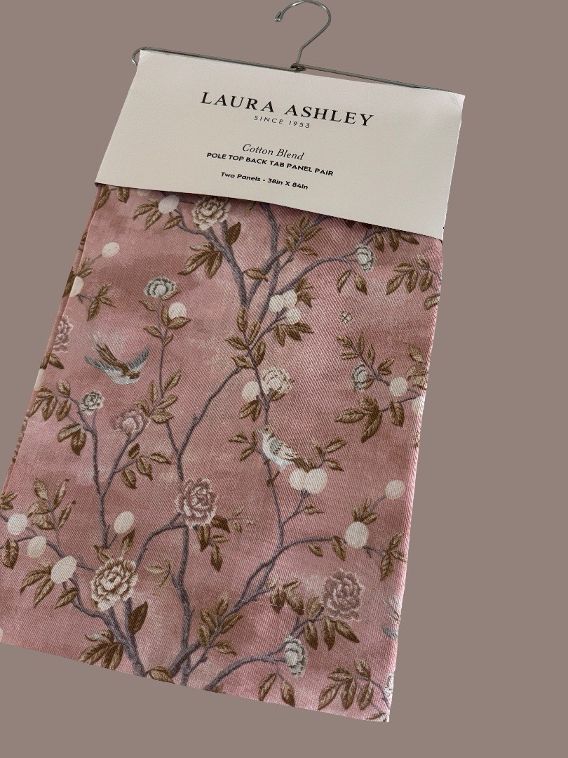 NIP Laura Ashley Window Curtains 2 Panels 38 x 84 Birds Rose Pink Brown Back Tab