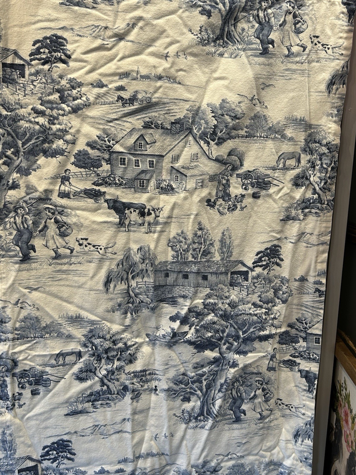Blue White Farm Toile Fabric Curtains 2 Panels Farm house Country 49″ x 20″ L8