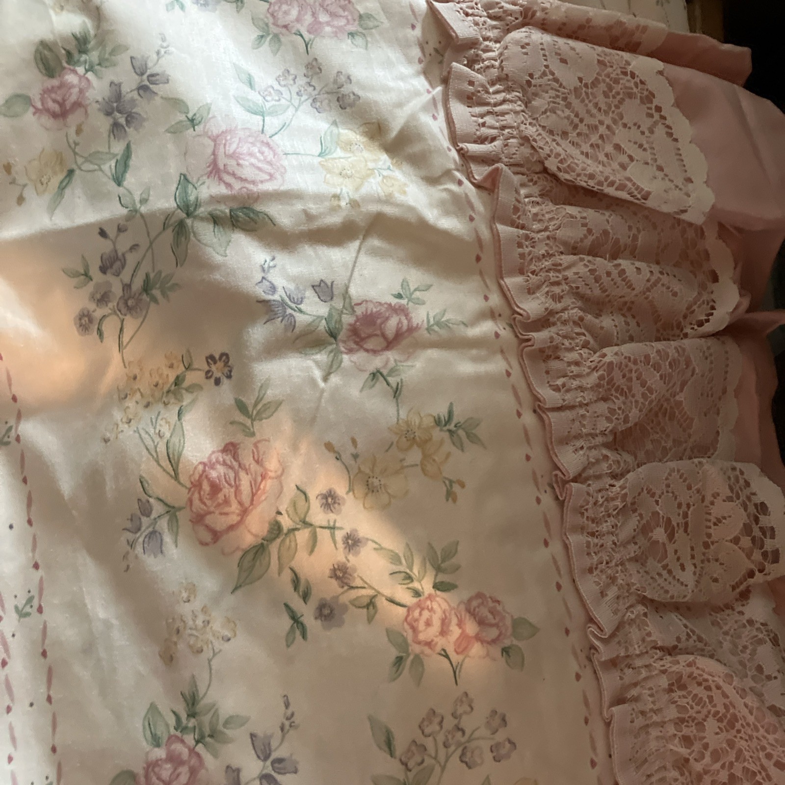 Vtg 80s JCPenney Melrose Priscilla Curtain striped/floral 1 tieback 100X84″ NOS