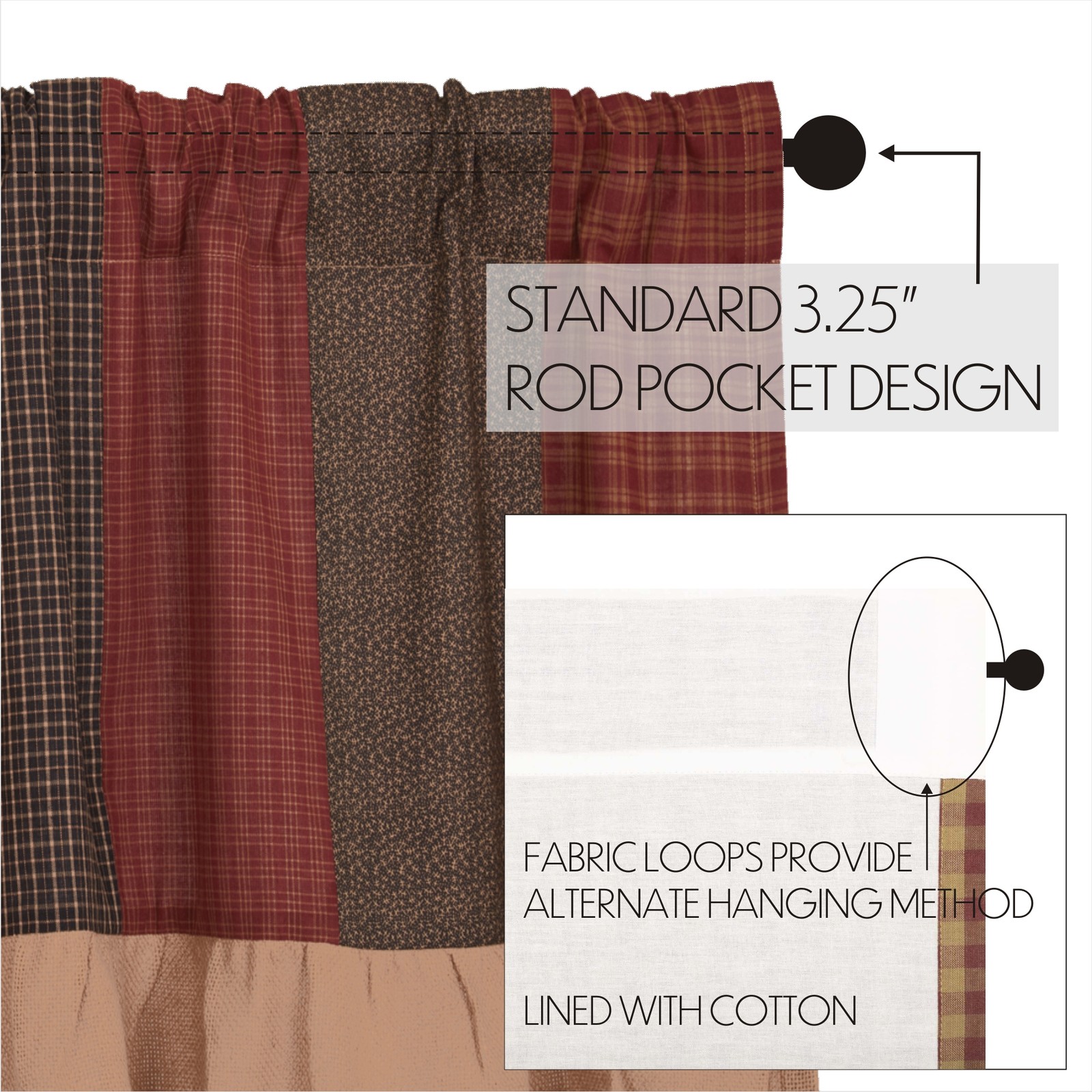 Primitive 19″x60″ Valance Red Rod Pocket Kitchen Window Curtains VHC Brands