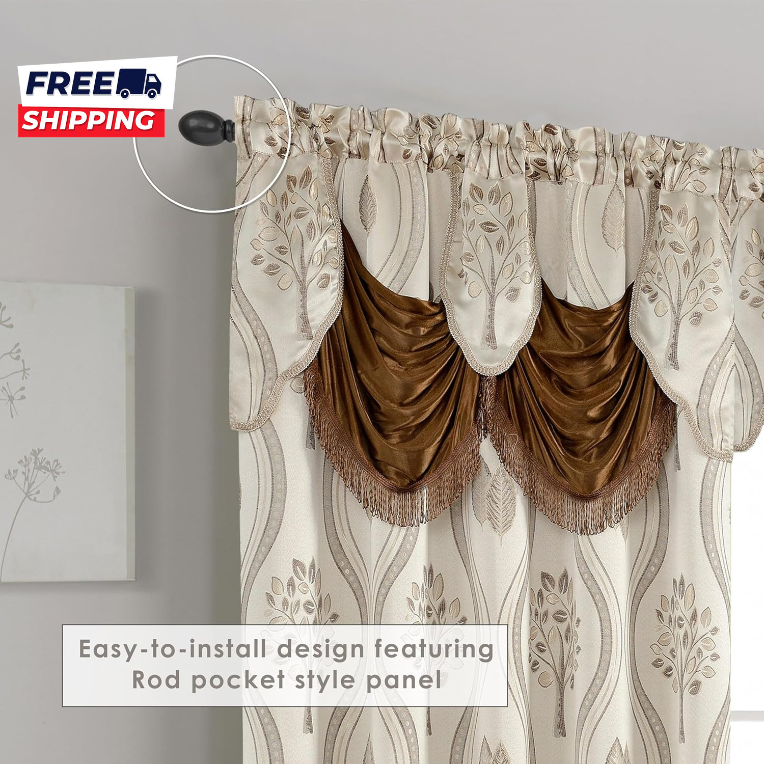 Luxurious Beautiful Curtain Panel Set with Attached Valance and Backing 54″ X 84