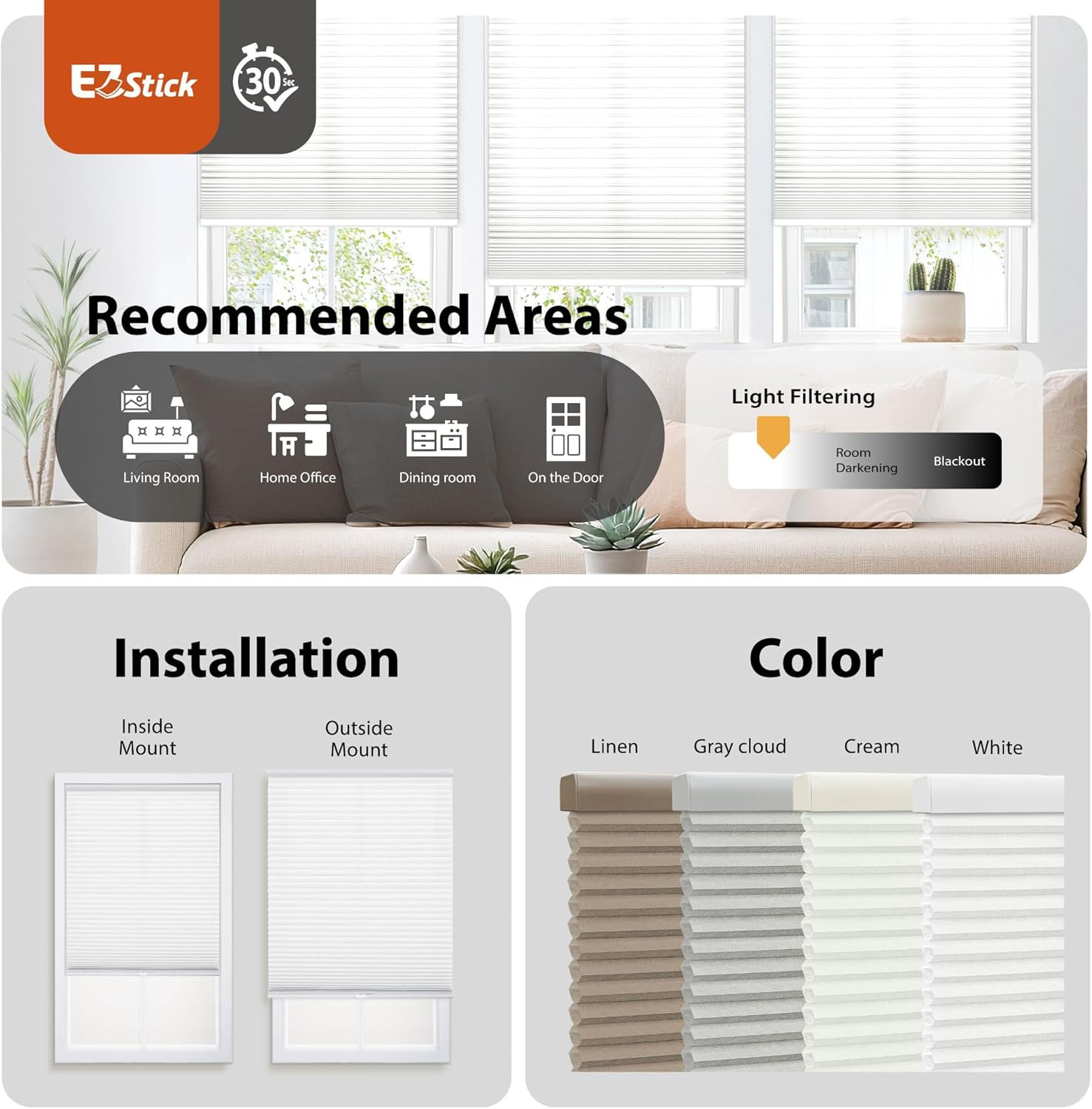 EZ Stick Cordless 1″ Light Filtering Cellular Shade, 32″ W x 72″ H, White