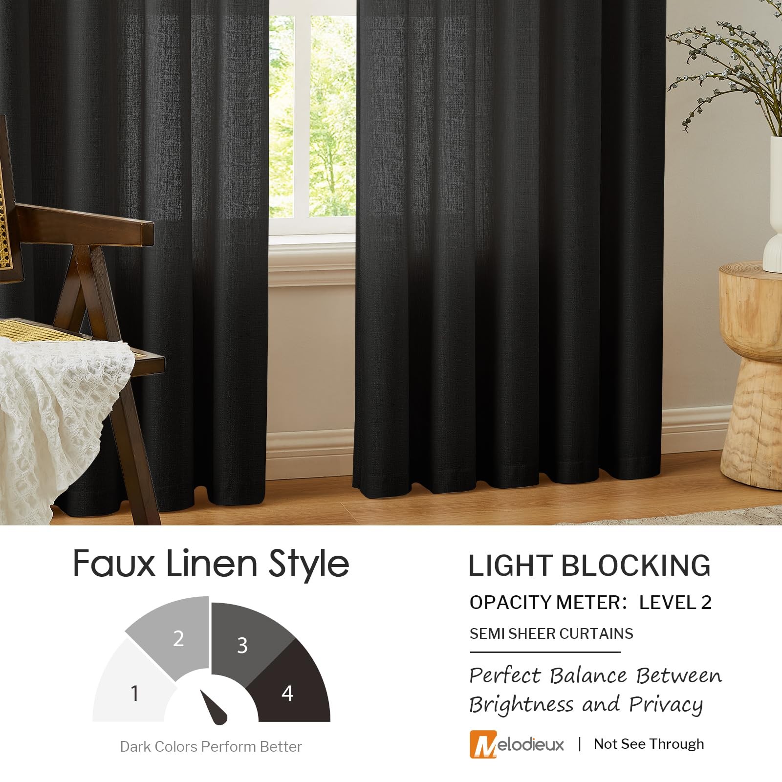 Melodieux Black Semi Sheer Curtains 84 Inches Long For Living Room Bedroom Flax