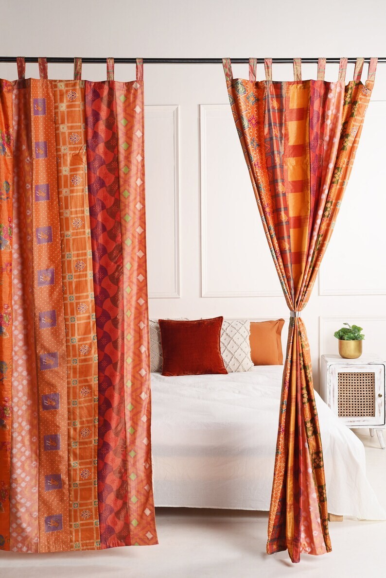 2 Pcs Indian Sari Patchwork Curtain Drape Window Decor Orange Silk Sari Curtain