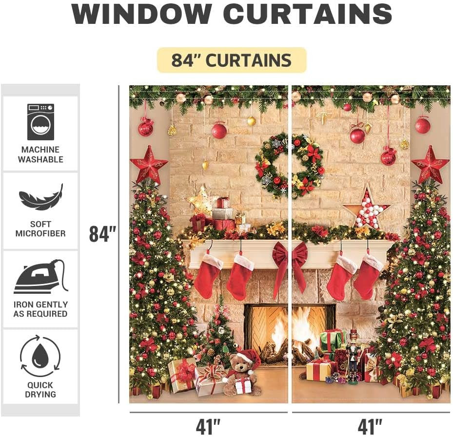 Christmas Fireplace Window Curtains for Kids Merry Xmas Winter New Year’S Eve Tr