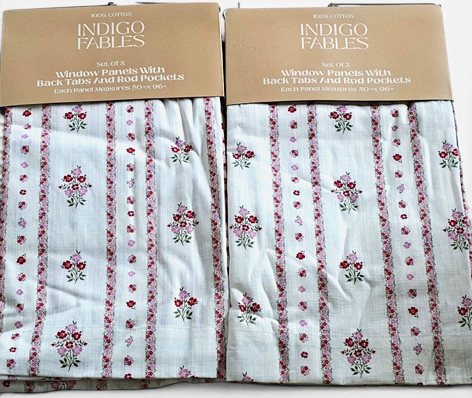 Indigo Fables Set of 4 Petite Floral Cotton Curtains 50×96 Pink White Farmhouse