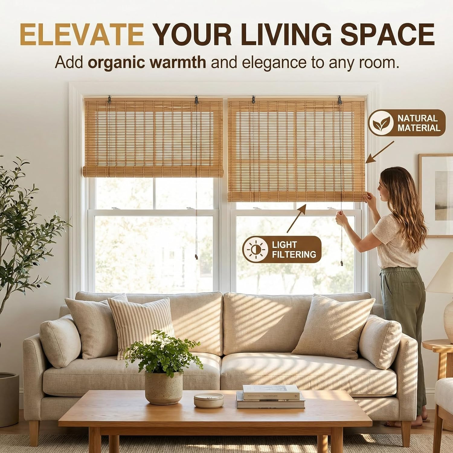 Bamboo Blinds for Interior Windows and Outdoor Patio, 18″W x 36″H, Brown-2
