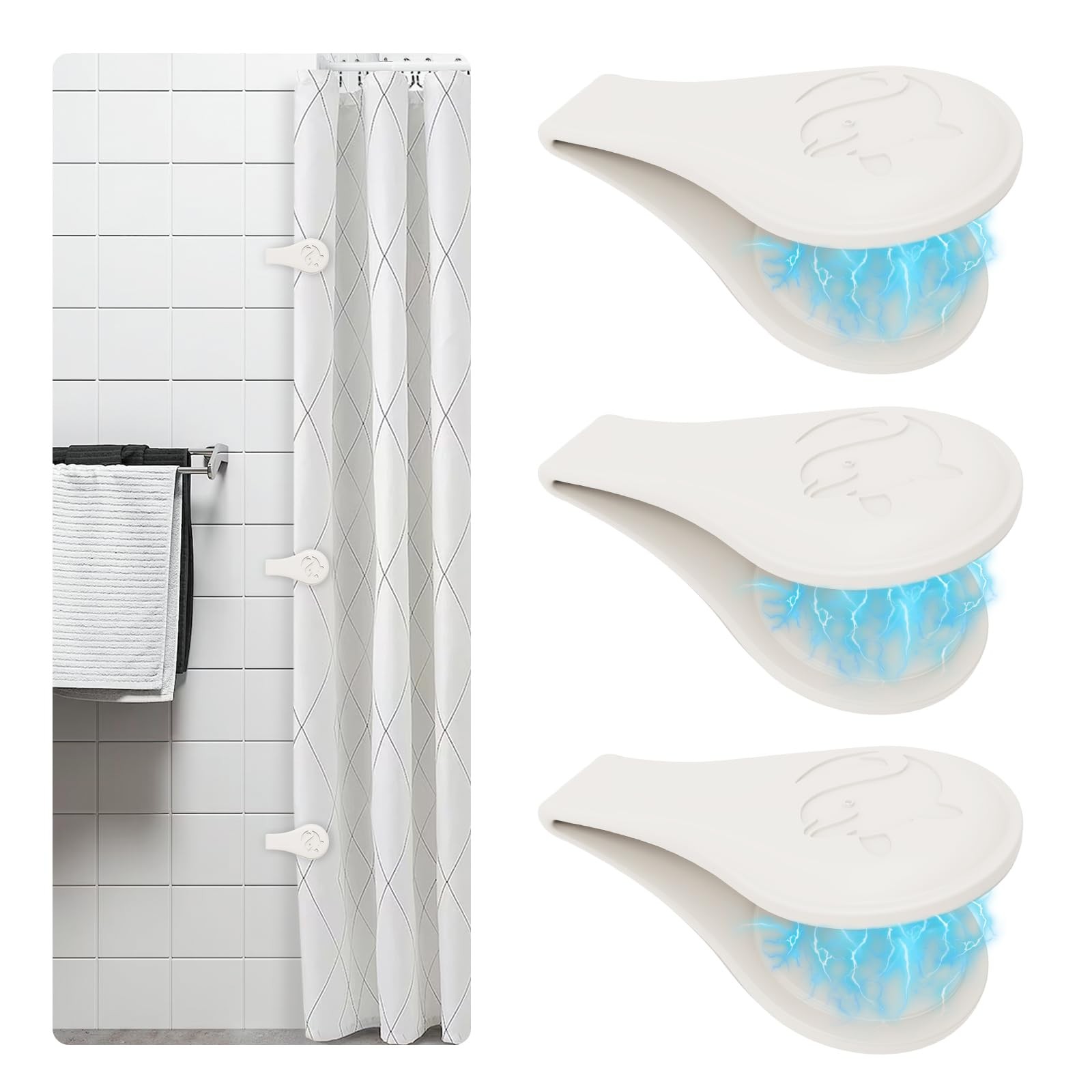Vaszu Magnetic Silicone Shower Curtain Clips 1.8″W x 3.3″L (Pack of 3), White