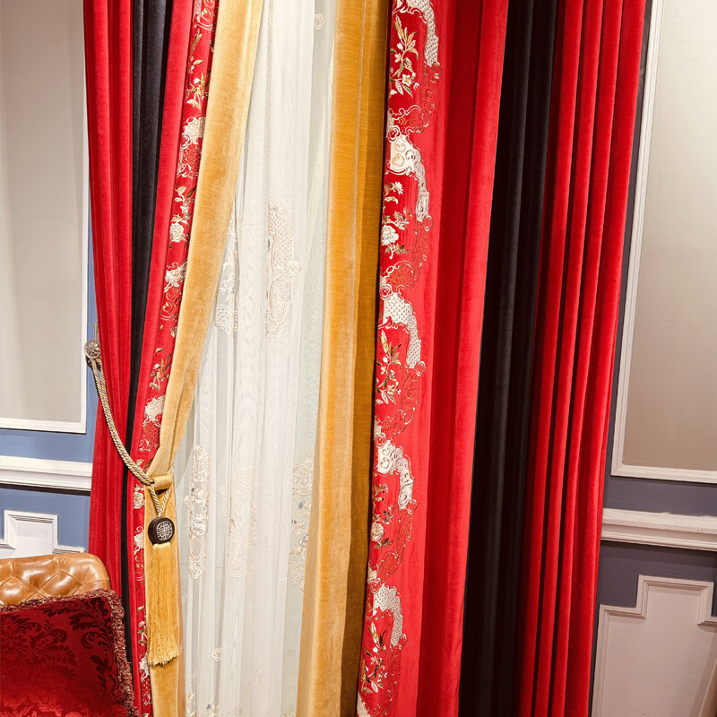 Custom luxury embroidery red thick velvet cloth curtain valance drape C1661