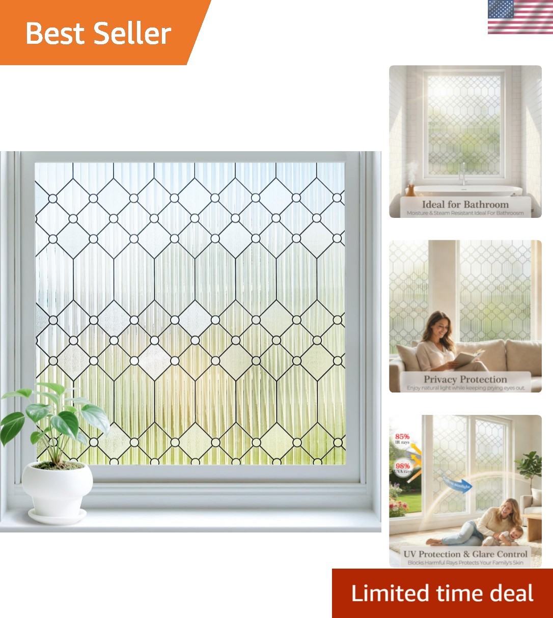 Reeded Glass Window Privacy Film, Frosted Glass Window Film for Bathroom & Fr…