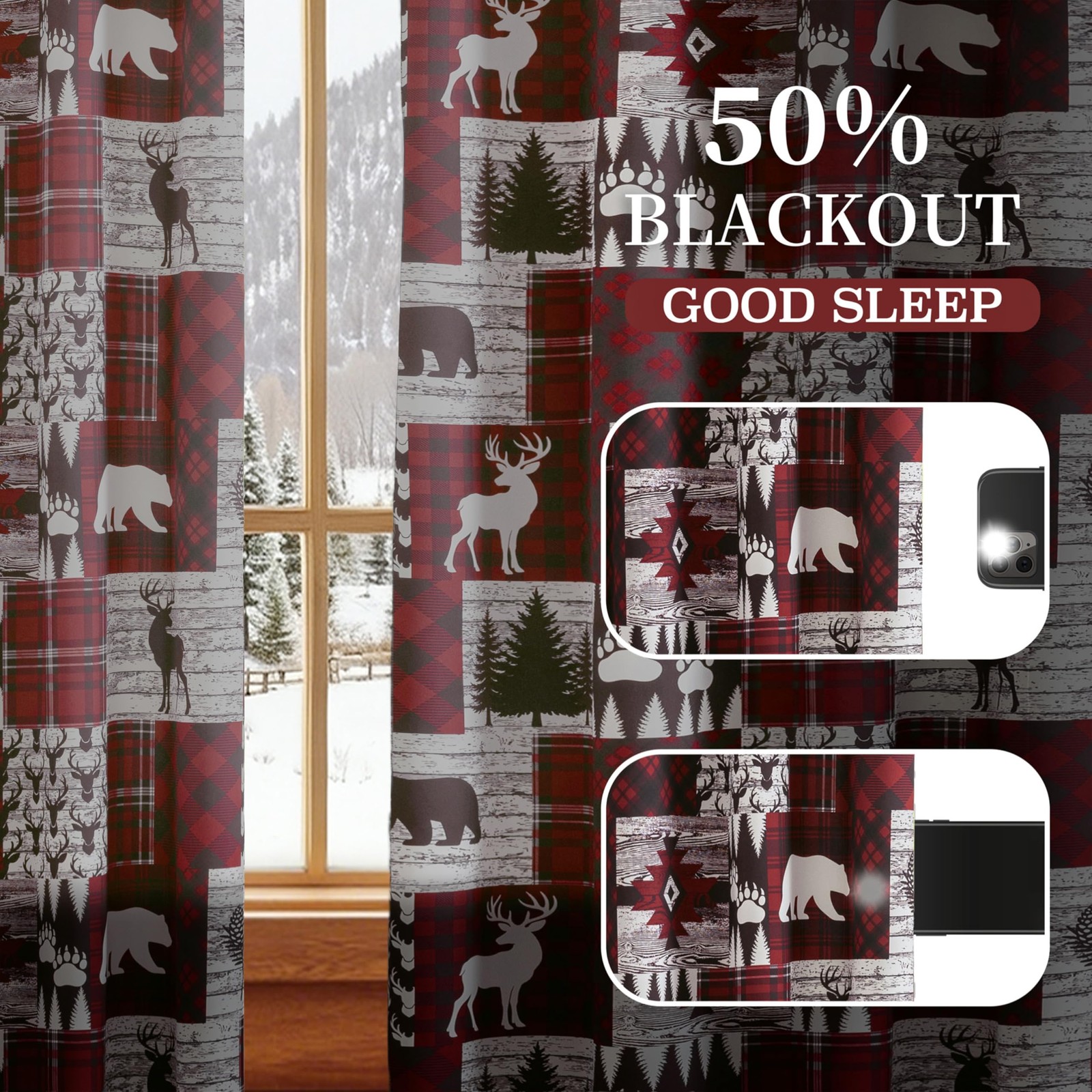 Red Rustic Cabin Curtains 2 Panels Country Style Curtain 50% Light Blocking D…