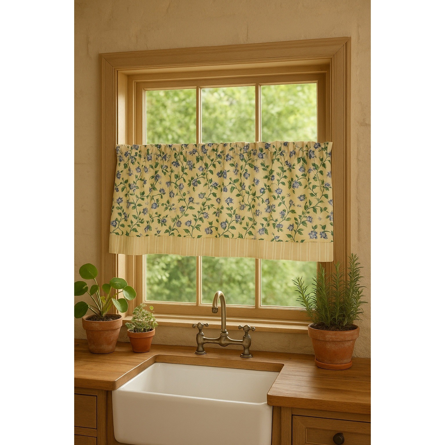 Longaberger Cafe Curtain Window Valance Yellow Blue Floral Striped Cottagecore