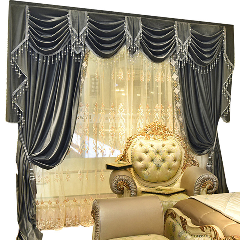 Custom European Simple grey French velvet embroidered lace curtain N043