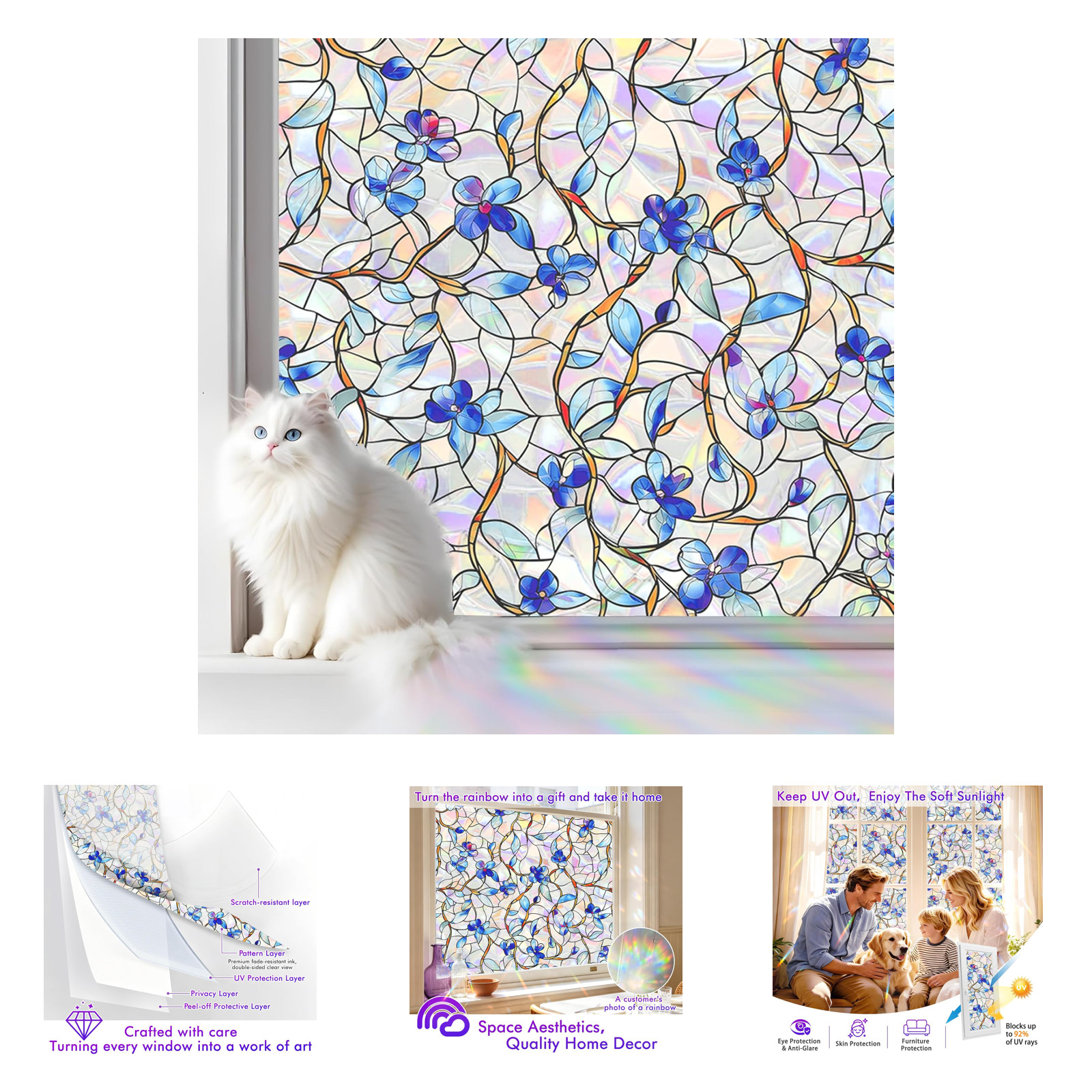 Rainbow Window Privacy Film Heat Control UV Blocking Anti-Glare Decorative