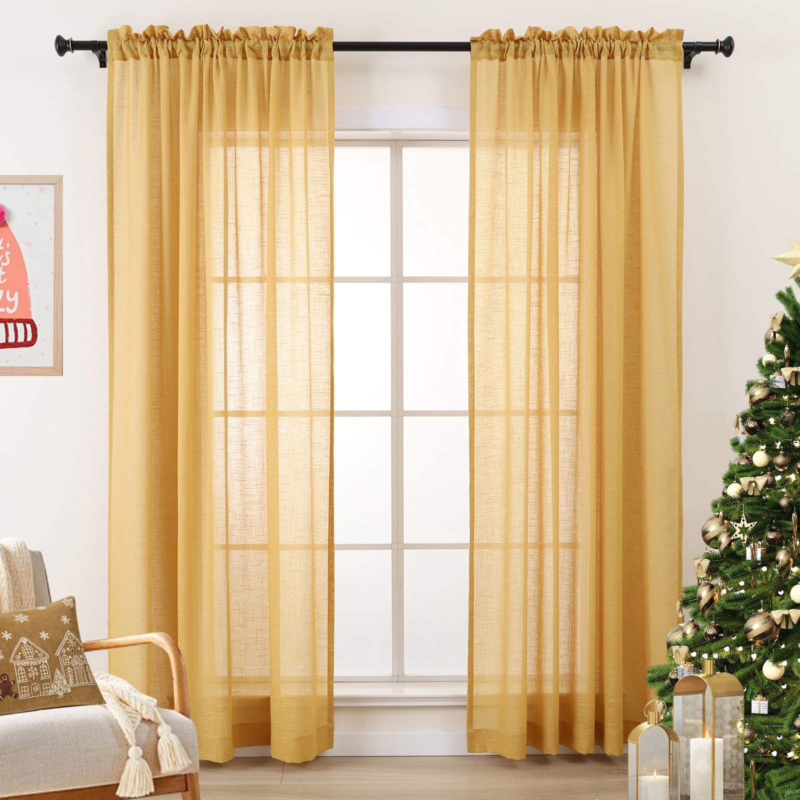 L.Z.E Gold Sheer Curtains 108 Inches Long Living Room 2 Panels Set Linen Look