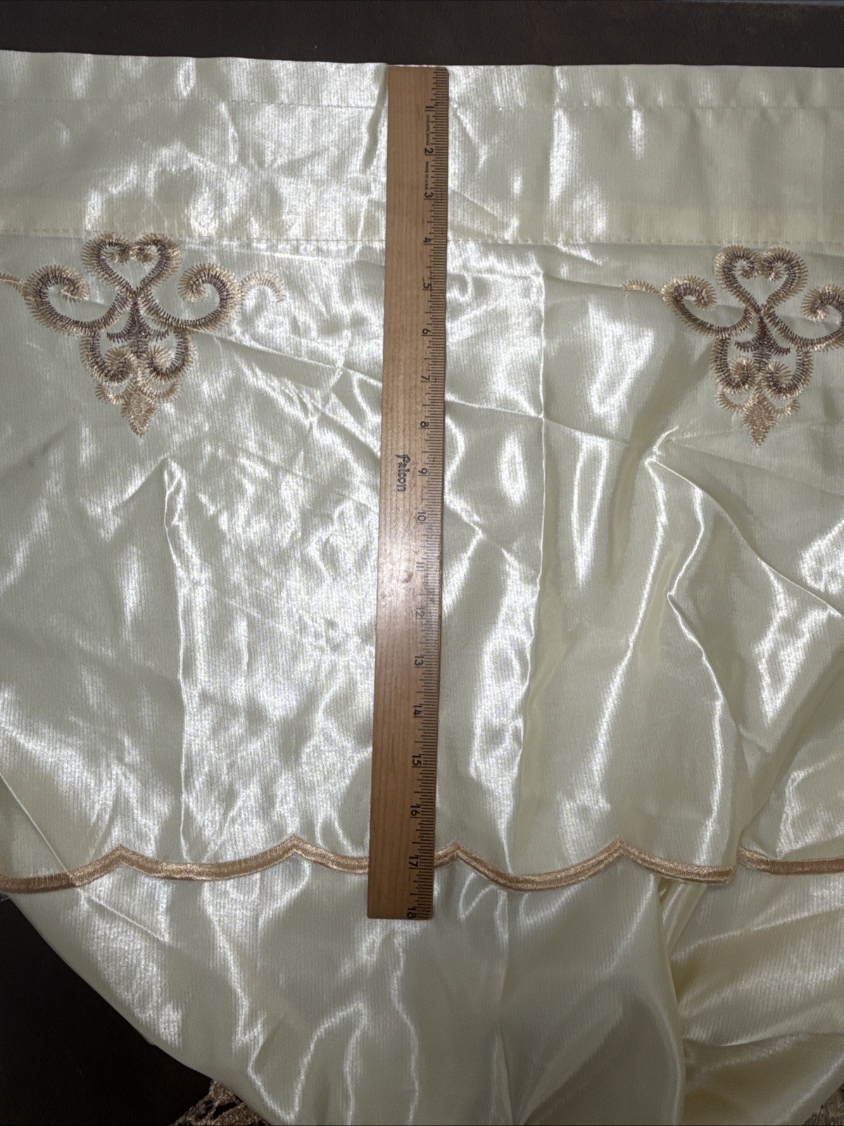 Drapes 2 Panels Beige w/ Attached Valance, Shimmer Satin, Sheer Lace 54 X 87”
