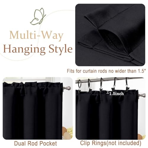 24″ Black Cafe Curtains – Light Blocking 30″W x 24″L – Pack of 2